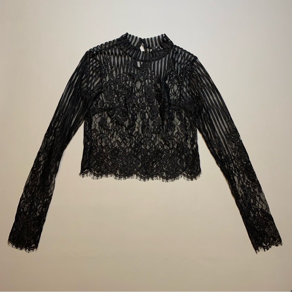 Lulus Sexy Black Lace Top Long Sleeve Sheer XS Festival Concert Victorian Goth